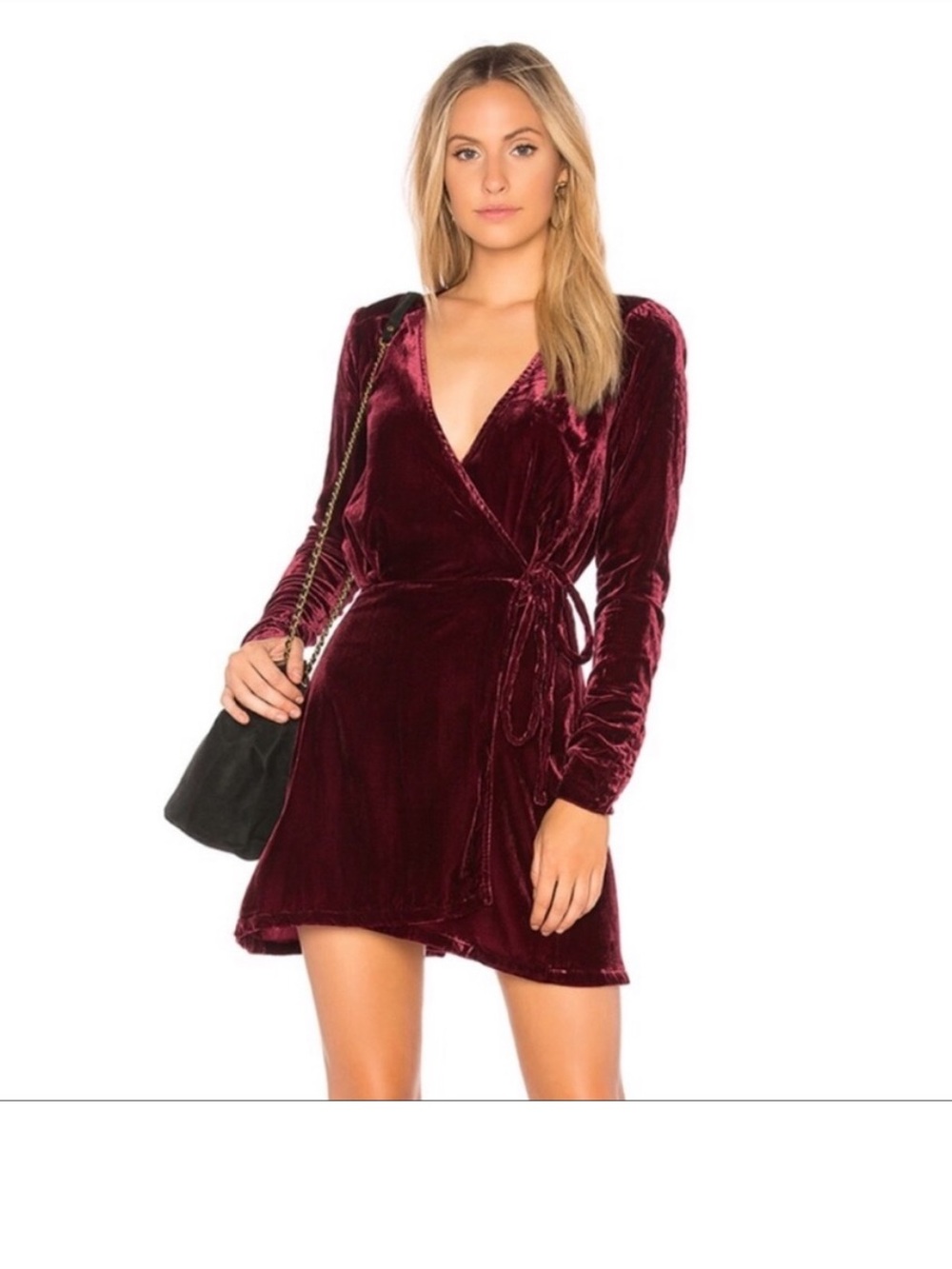Privacy Please Burgundy Velvet Wrap Tie Waist Mob Wife Mini Dress M Long Sleeve
